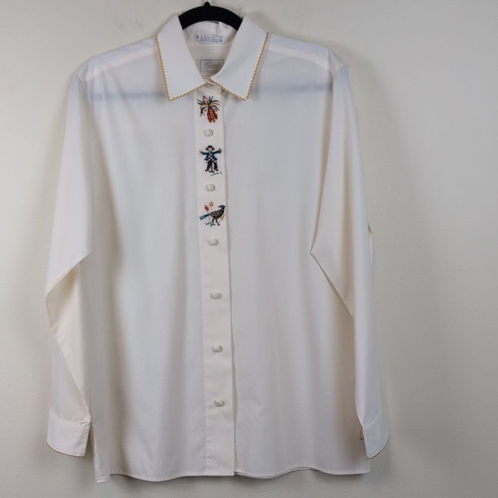 Foxtcroft Vintage Fall Cross-stitch Button Front Crocheted Trim Blouse Size 12